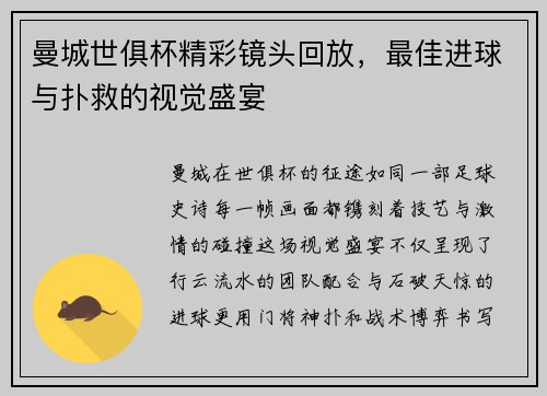 曼城世俱杯精彩镜头回放，最佳进球与扑救的视觉盛宴